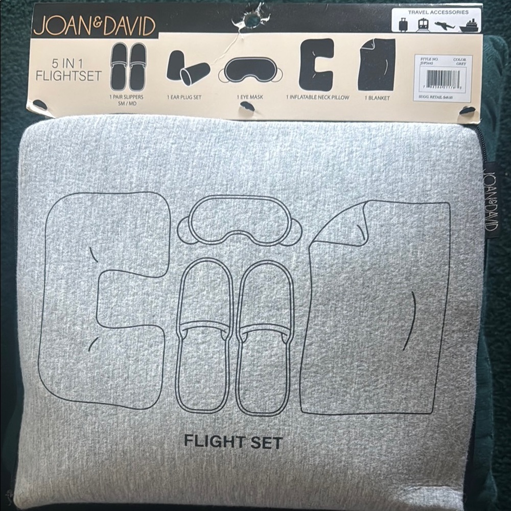 Joan & David Gray 5-in-1 Flight Set with travel blanket and neck pillow, new